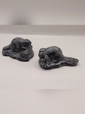 Vintage Pair Of Beaver Figurines A Wolf Original Soapstone Carvings Canada